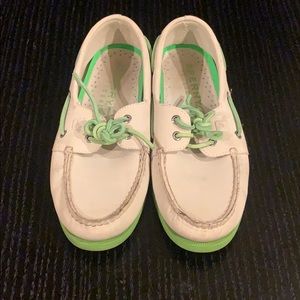 Lime green and white sperry top siders boat shoes